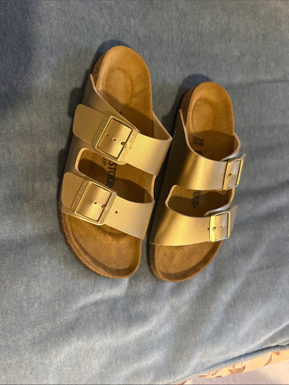 Birkenstock Two-Strap Sandals in Metallic Gold